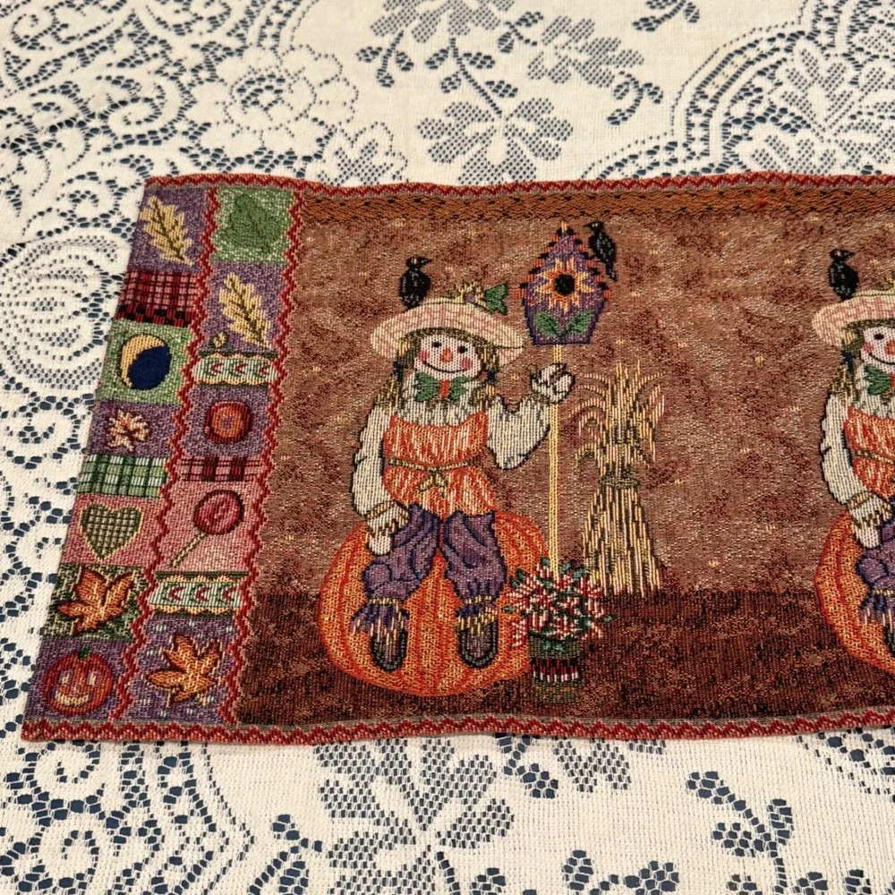 Scarecrow on Pumpkin Tapestry Table Runner Halloween Autumn‎ Fall Harvest